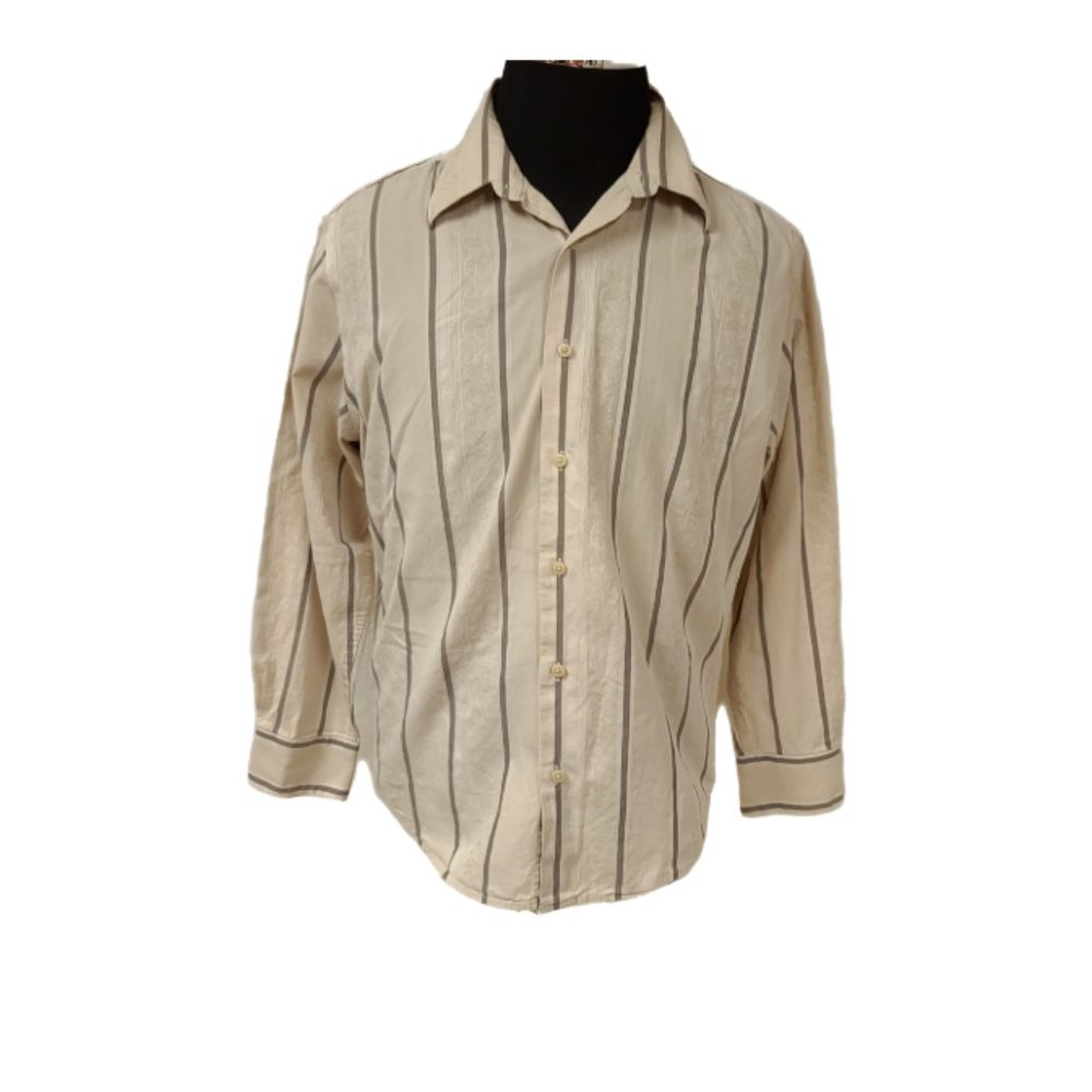 Brandini Mens Large Beige Grey Paisley Floral stripe Button Long Sleeve Shirt